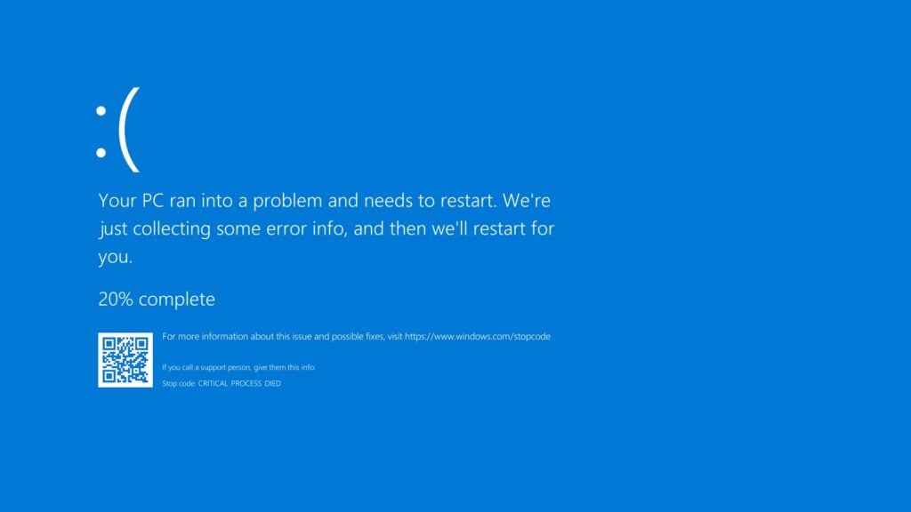 A Microsoft Windows blue screen, also known as a blue screen of death. 
